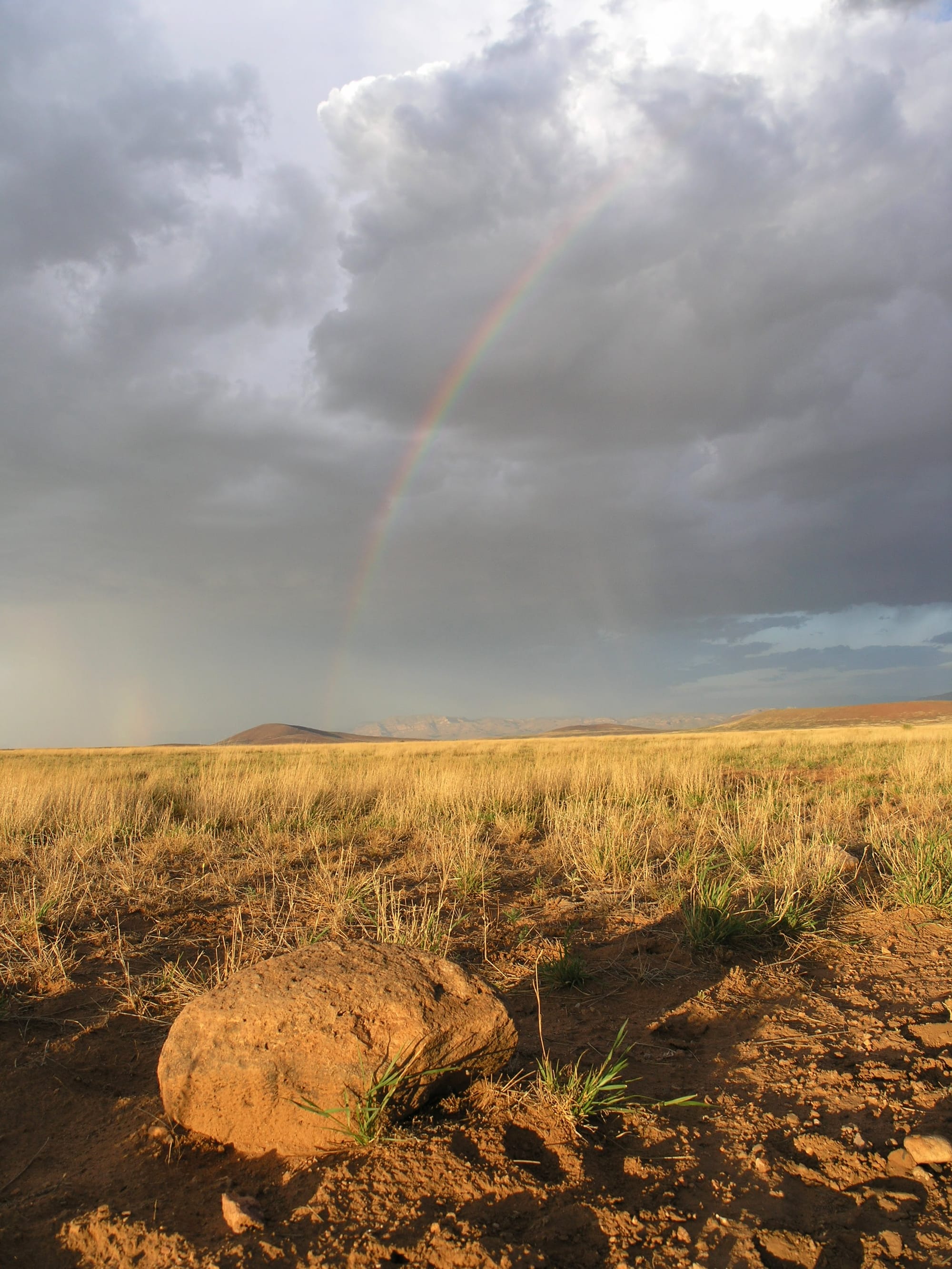 A rainbow extends from a cloud that looks like a face in profile, with dark storm clouds behind, and a desert grassland in the foreground.