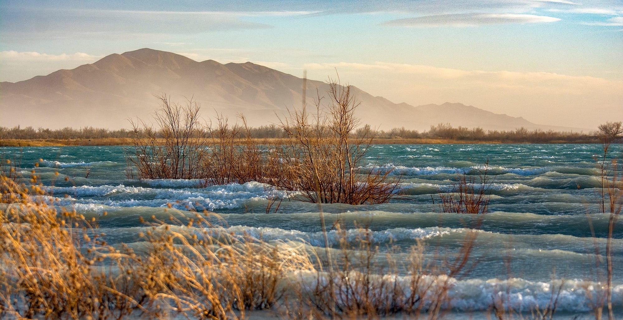 Waves are blown across a desert wetland with rugged mountains in the background and mostly clear skies overhead.