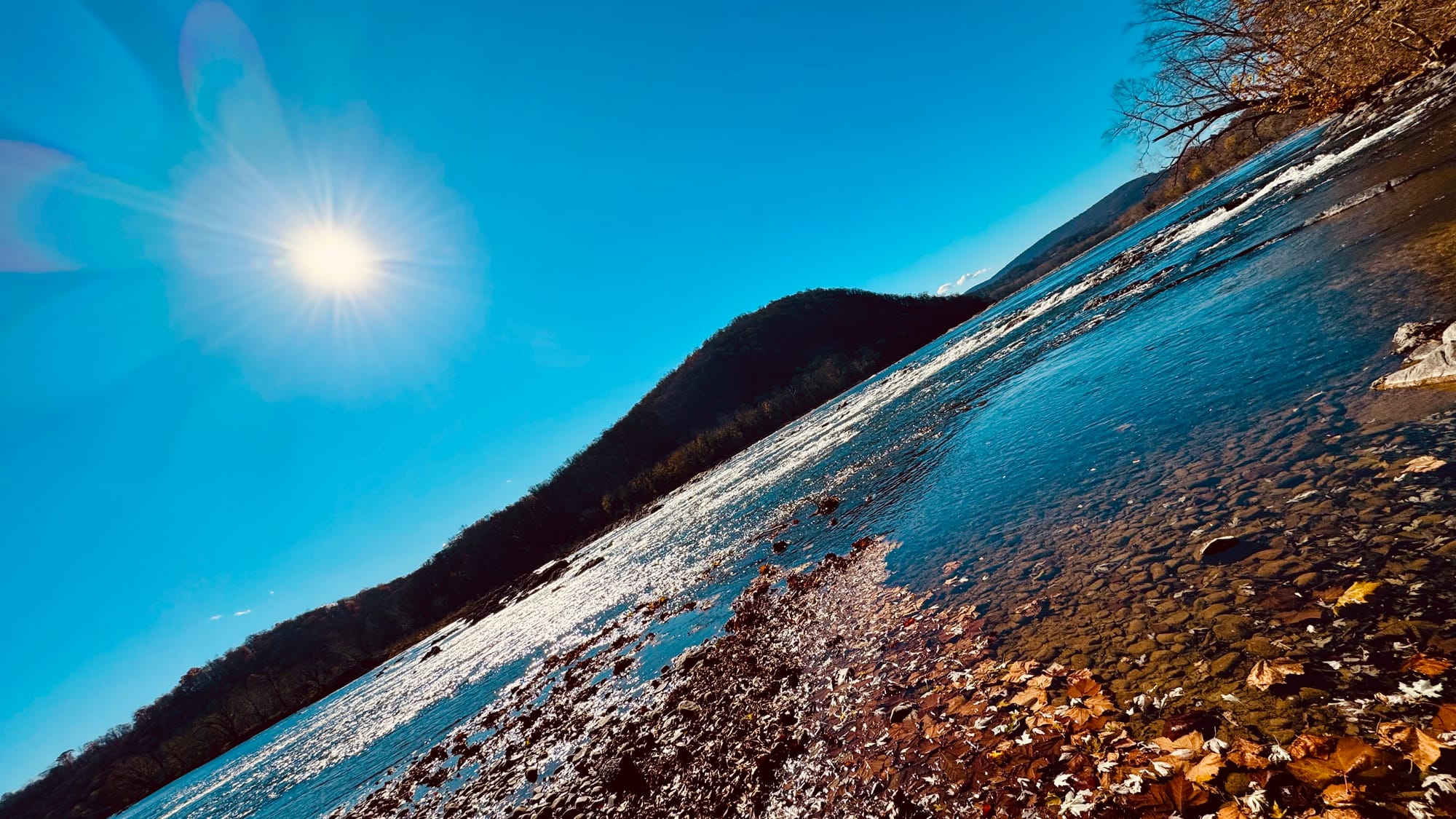 A river with some leaves on the edges is photographed on a 45 degree angle, with a mountain in the background and the sun shining under blue skies