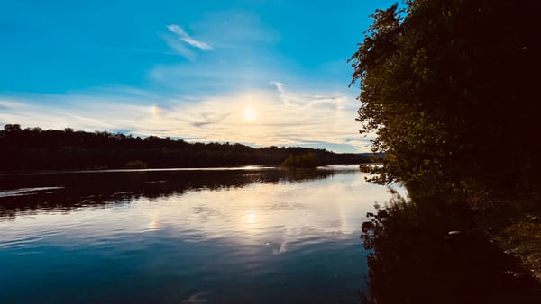 A river scene with trees on the banks, mostly clear skies with a few high clouds in the distance and the sun low in the sky. Sundogs, small rainbows in clouds around the sun, are visible.
